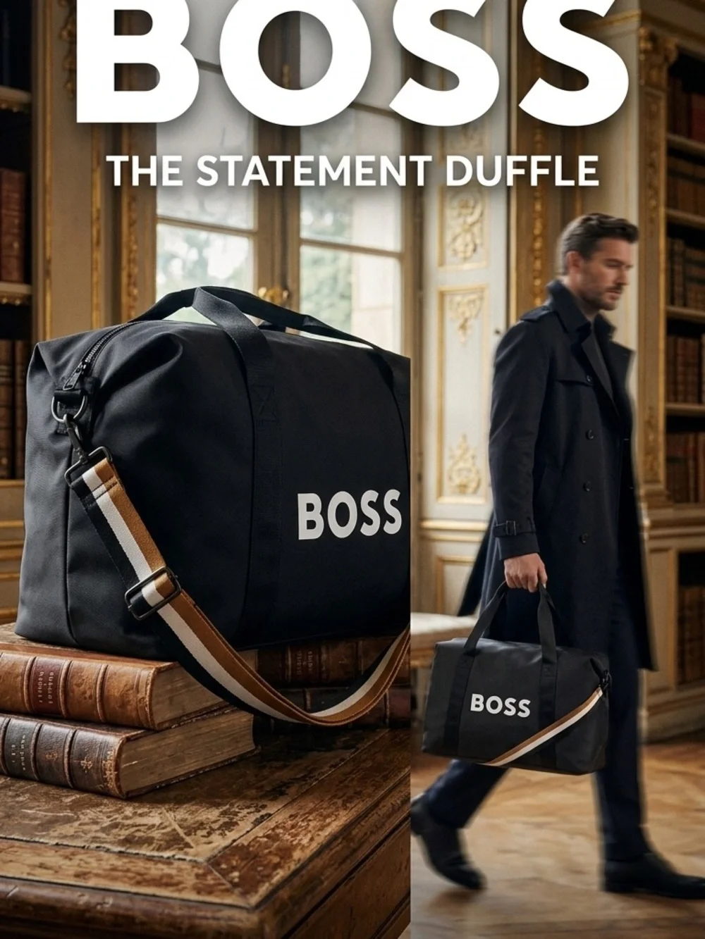 Ace!Hugo Boss Black Duffel Bag with White Logo and Royal Blue brown white strap